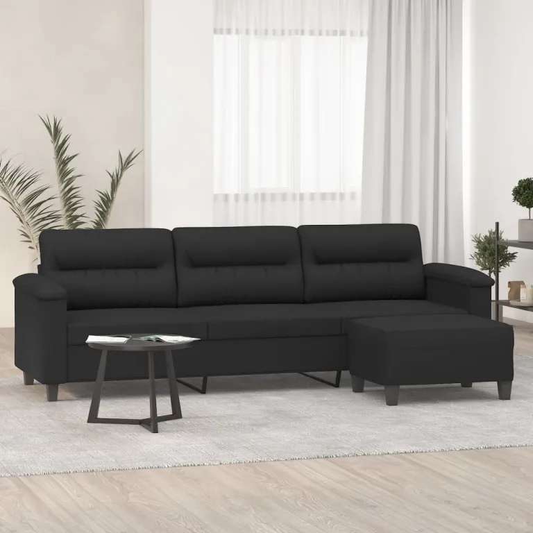 3-Sitzer-Sofa mit Hocker Schwarz 210 cm Mikrofasergewebe Couch Stoff