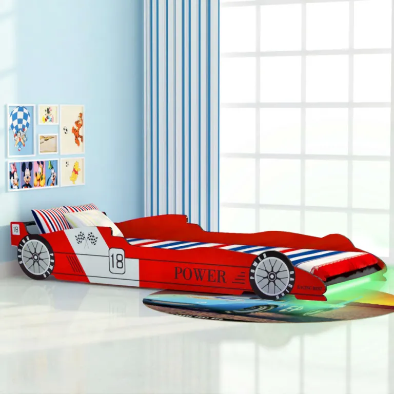 Kinderbett mit Lattenrost 3D Designbett Rennwagen Motivbett LED 90 x 200 cm Rot