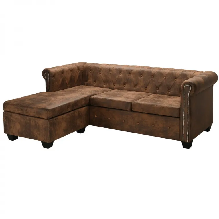 Chesterfield Sofa in L-Form Wildleder-Optik Braun