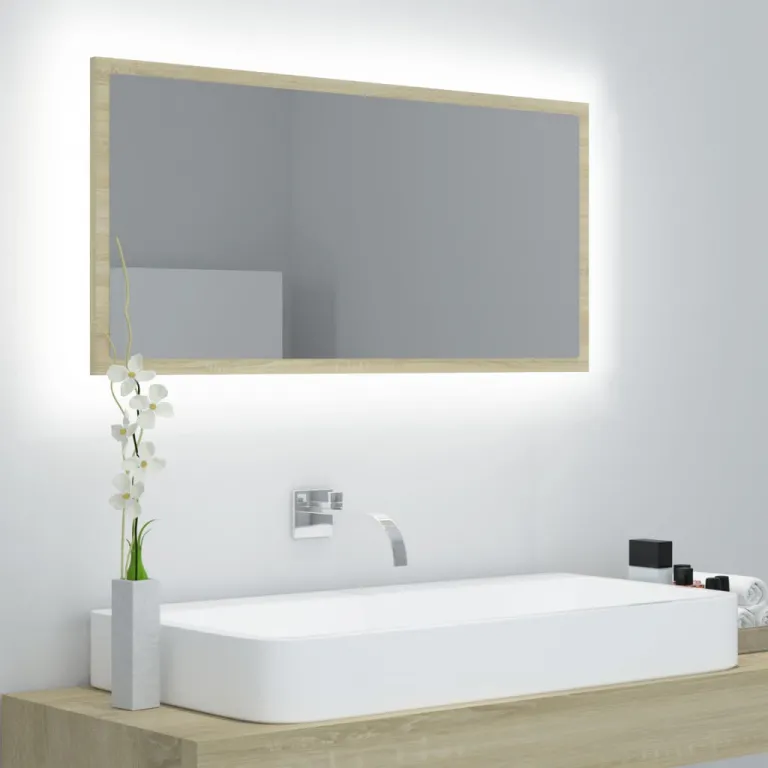 Spiegel Badezimmer LED-Beleuchtung LED-Badspiegel Sonoma-Eiche 90x8,5x37 cm Spanplatte