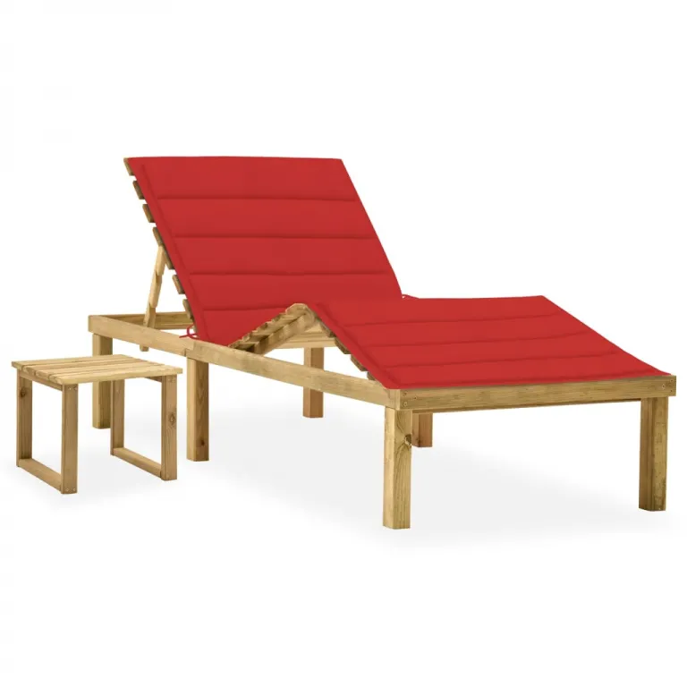 Gartenliege Sonnenliege Holzliege verstellbar mit Tisch Relax Auflage rot