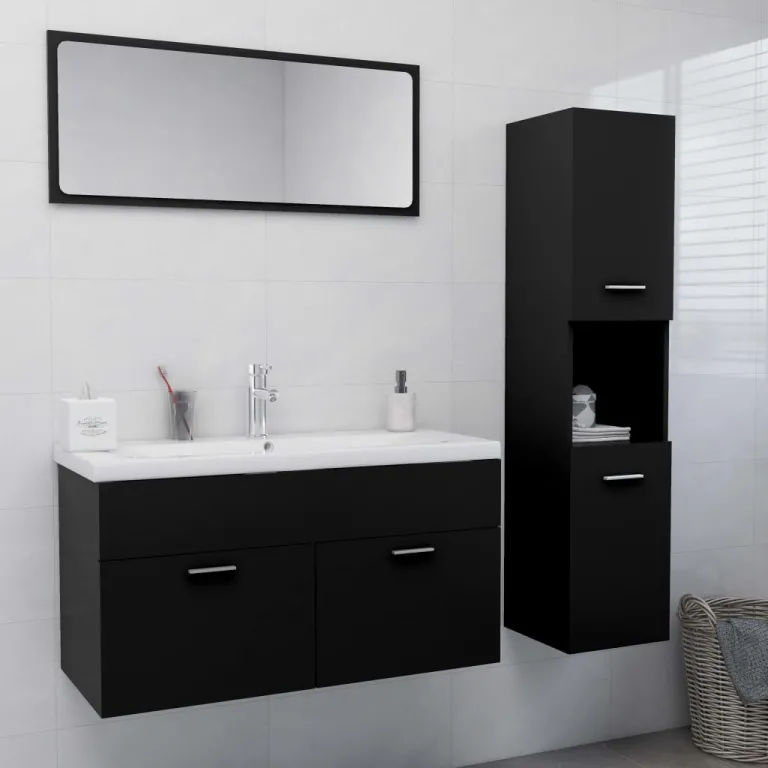 Badmbel-Set Schwarz Spanplatte Badezimmer Waschbecken Schrnke
