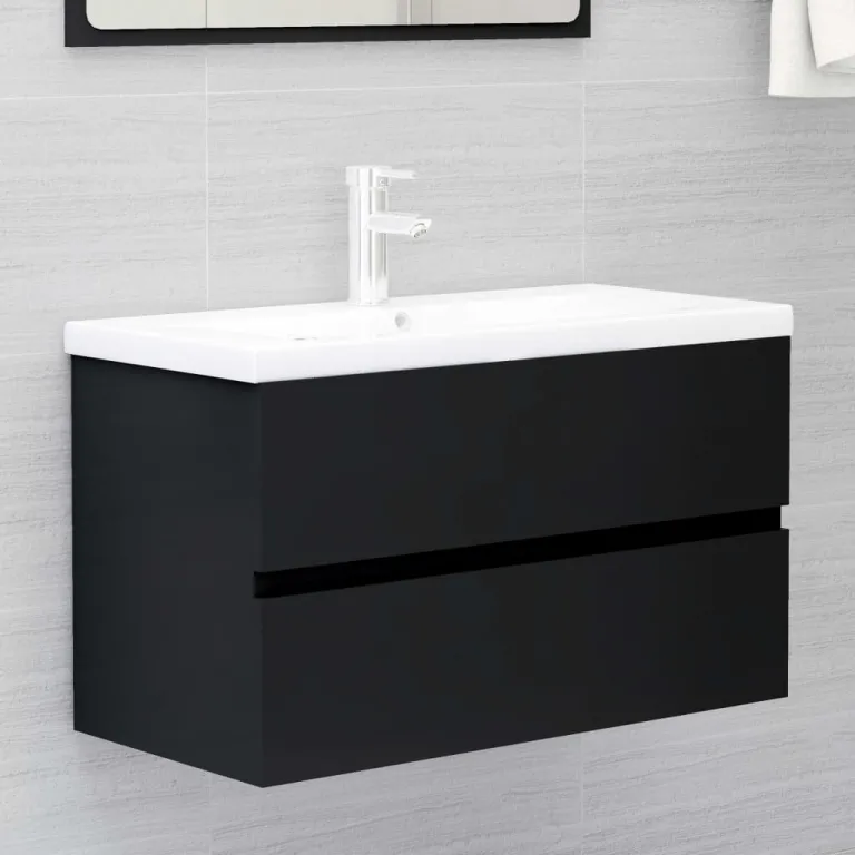 Waschbeckenunterschrank mit Einbaubecken Schwarz Spanplatte 80 cm
