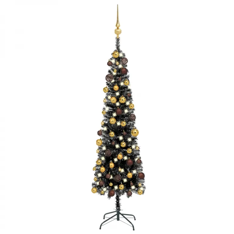 Weihnachtsbaum Schlank mit LEDs & Kugeln Schwarz 150 cm