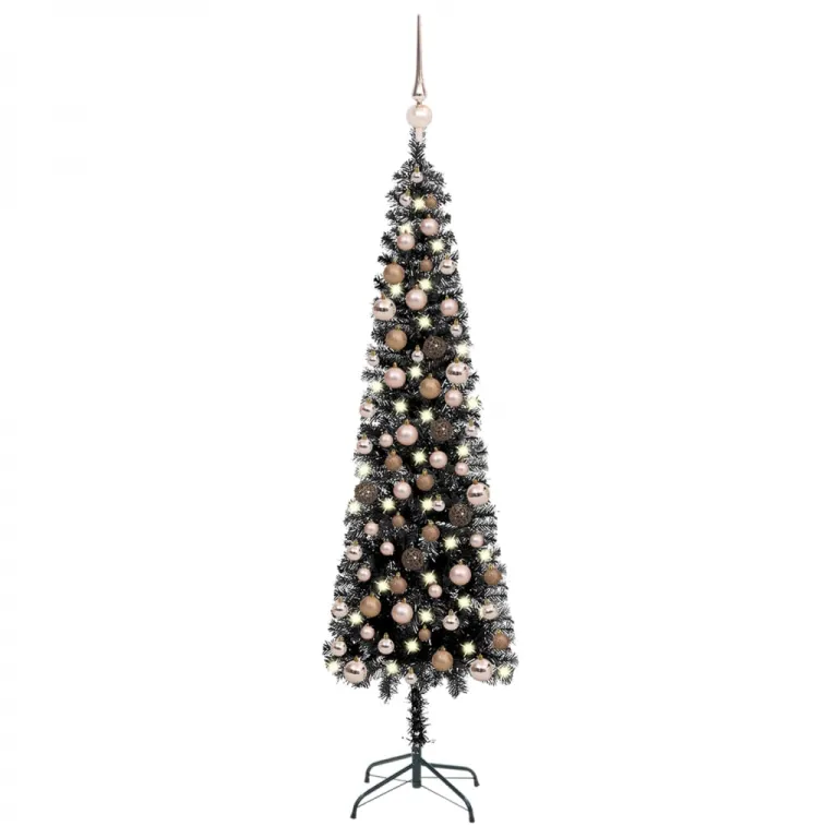 Schlanker Weihnachtsbaum mit LEDs & Kugeln Schwarz 180 cm
