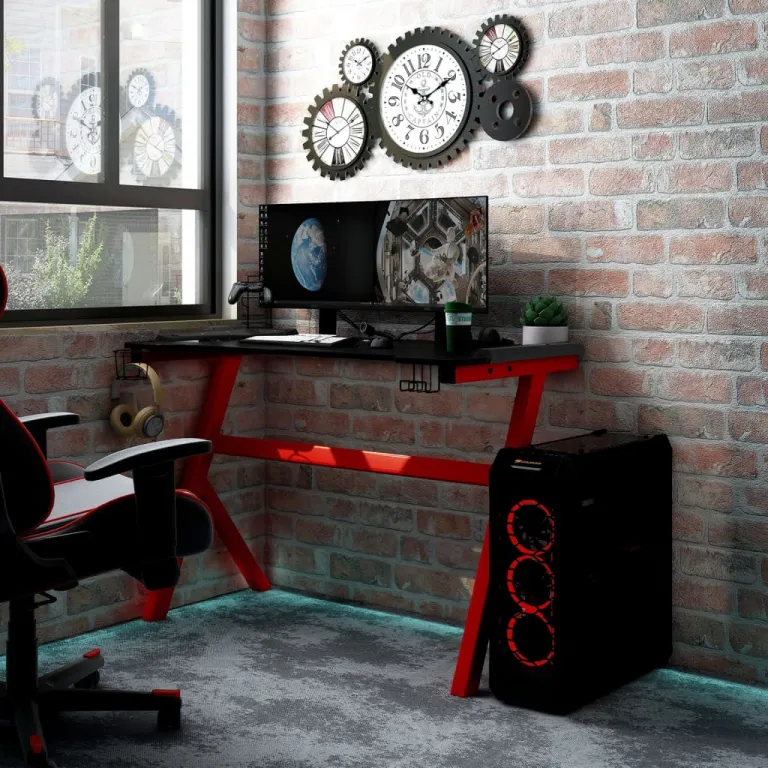 Gaming-Schreibtisch mit LED Y-Gestell Schwarz Rot 90x60x75 cm
