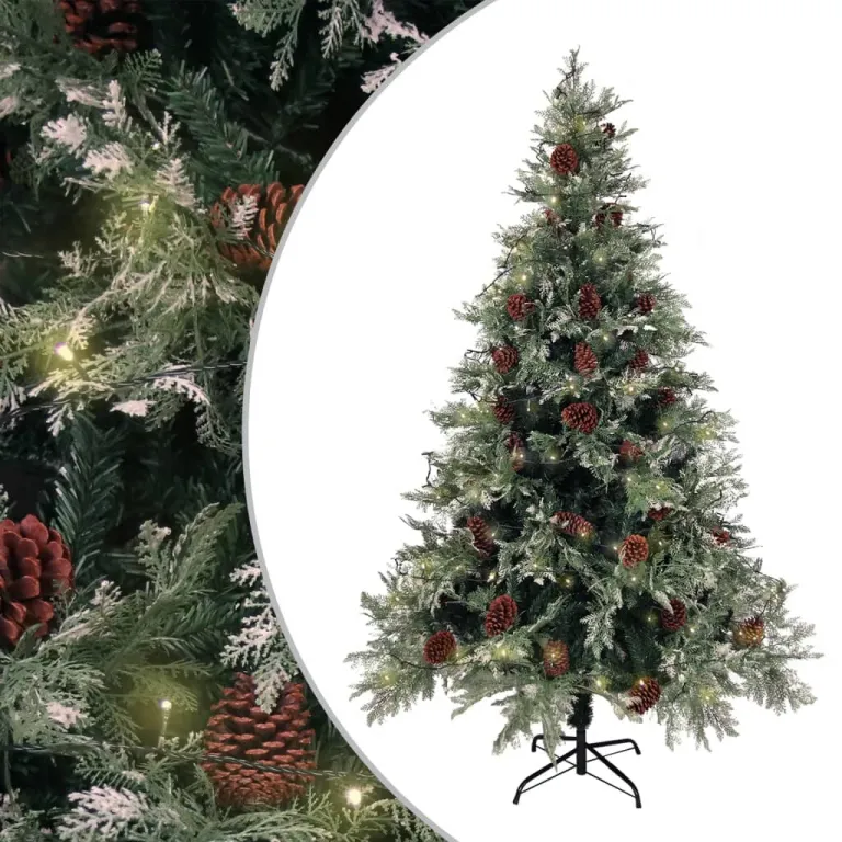 Weihnachtsbaum mit LEDs & Zapfen Grn & Wei 120 cm PVC & PE