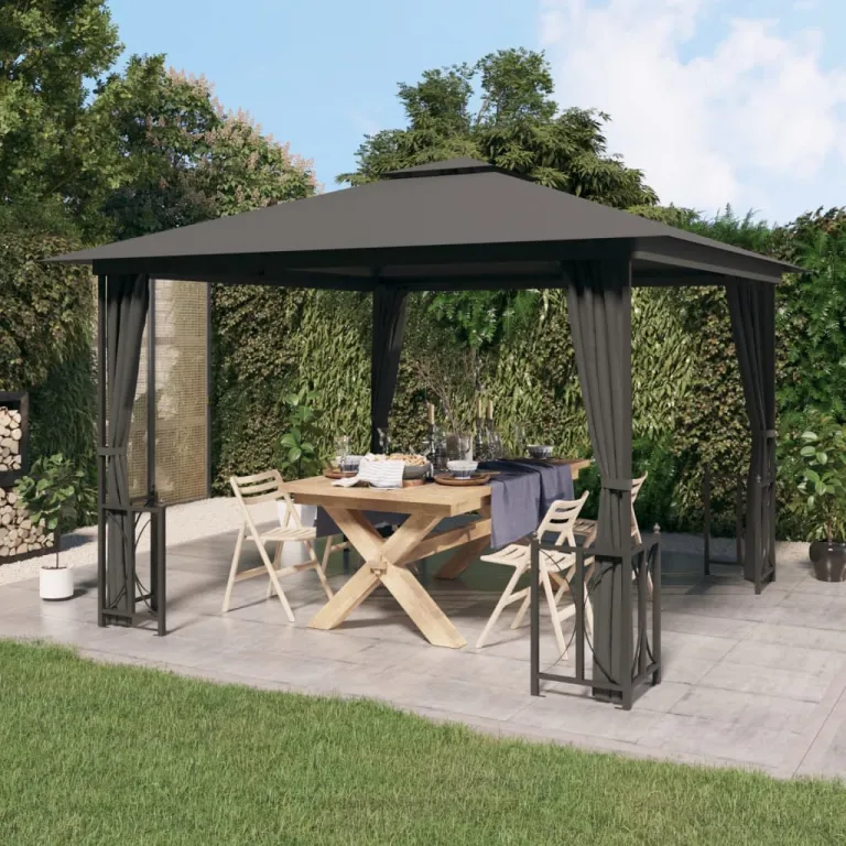 Pavillon mit Seitenwnden & Doppeldach 3x3 m Anthrazit Garten