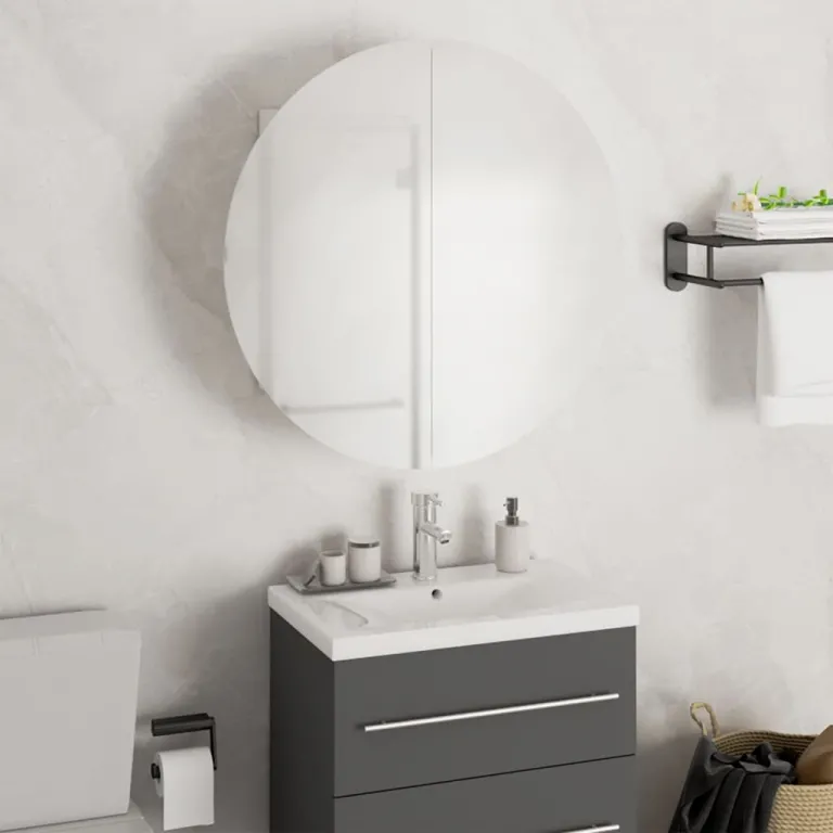 Badezimmerschrank mit Rundem Spiegel & LED Wei 47x47x17,5 cm