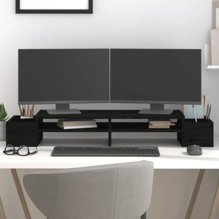 Monitorstnder Schwarz 100x27,5x15 cm Massivholz Kiefer Erhhung Bildschirm Tisch Home Office