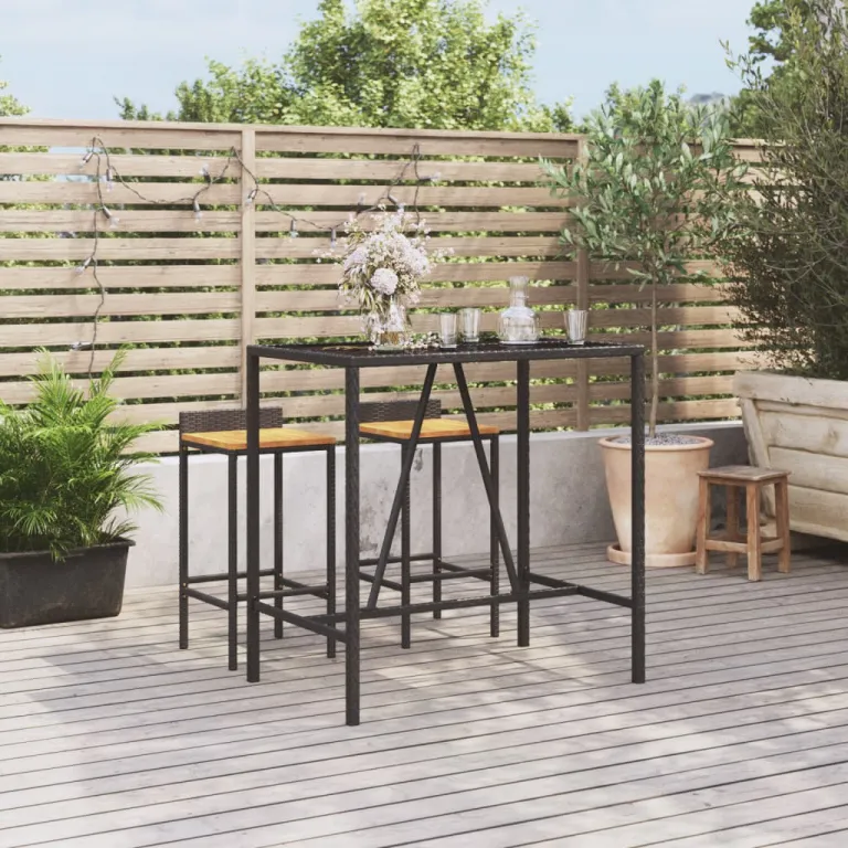 Bartisch mit Glasplatte Schwarz 110x70x110 cm Polyrattan Terrasse Garten