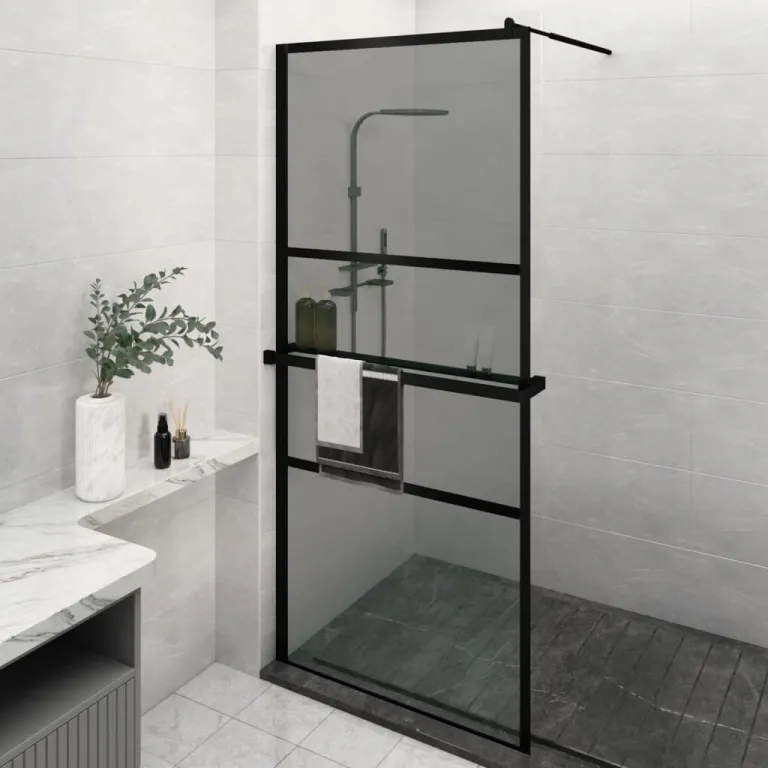 Duschwand mit Ablage fr Walk-In-Dusche Schwarz 90x195 cm ESG