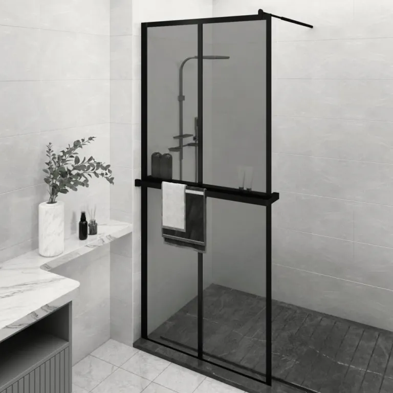 Duschwand mit Ablage fr Walk-In-Dusche Schwarz 100x195 cm ESG Duschtrennwand