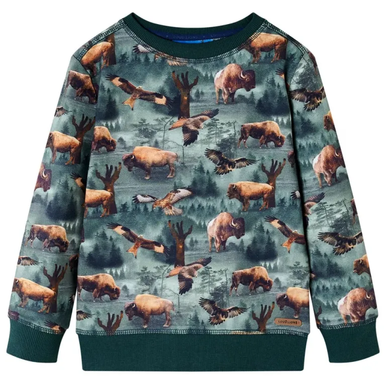 Kinder-Sweatshirt mit Rinder- und Adler-Motiv Dunkelgrn 104