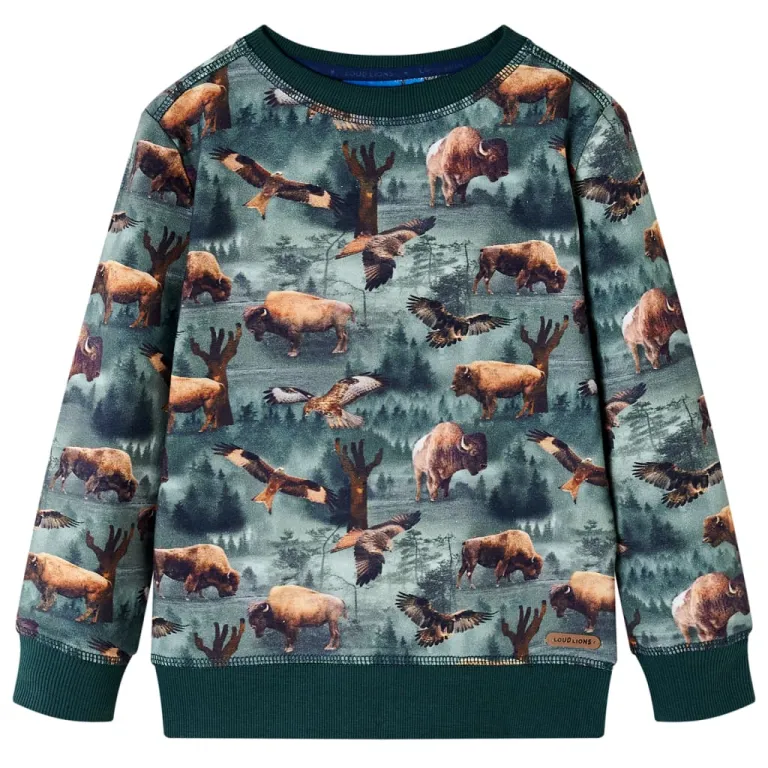 Kinder-Sweatshirt mit Rinder- und Adler-Motiv Dunkelgrn 140