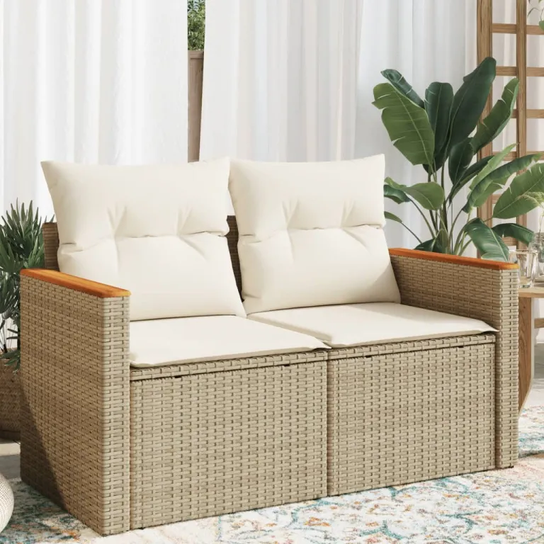 Gartensofa mit Kissen 2-Sitzer Beige Polyrattan Auenbereich