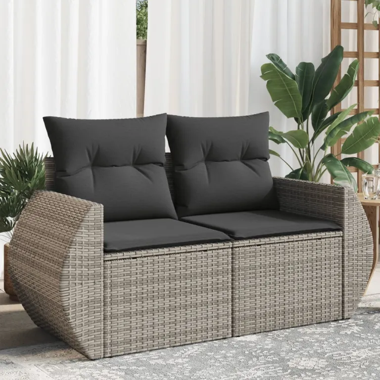 Gartensofa 2-Sitzer mit Kissen Grau Polyrattan Auenbereich