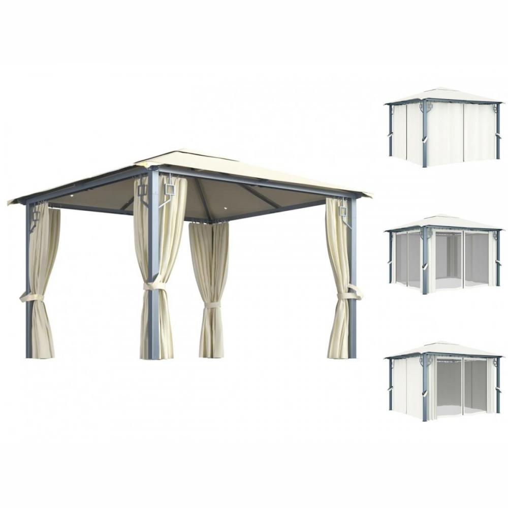 Pavillon Gartenzelt Mit Vorhängen & LED-Lichterkette 300x300 Cm Creme Alu